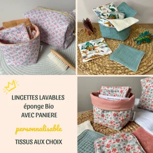 Lingettes éponge bio et sa panière personnalisable