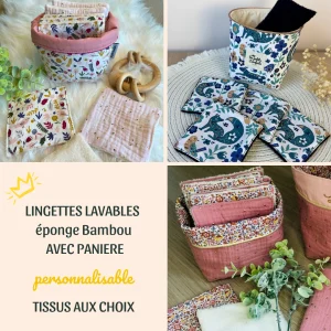 Lingettes éponge bambou et sa panière personnalisable
