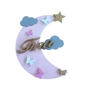 Plaque de porte lune Nuages étoiles papillons personnalisé