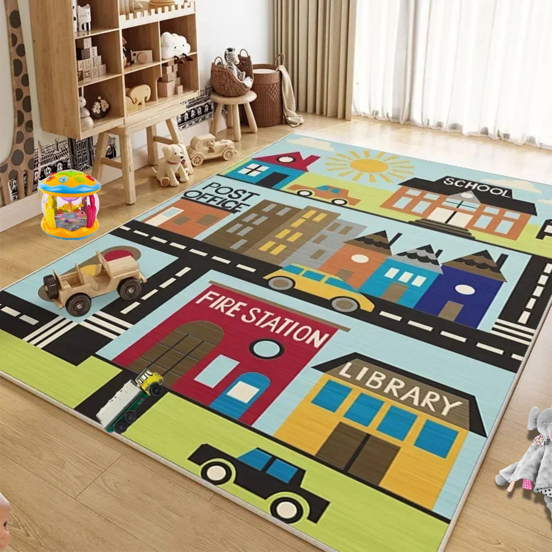 tapis chambre enfant | Routes et centre ville (Couleurs douces et artistiques)🚓 – Image 4