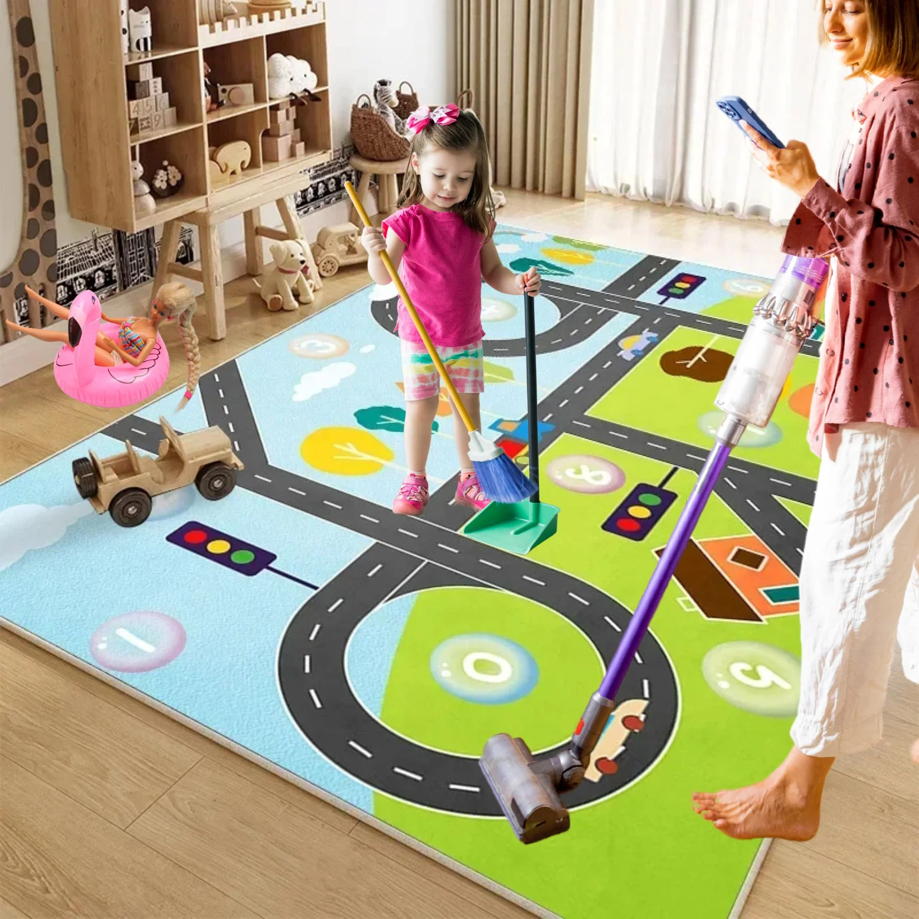 tapis chambre enfant | Routes et centre ville (Couleurs douces et artistiques)🚓 – Image 3