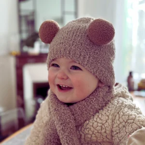 Chaleur Douillette & Praticité Tout-en-Un | Le Bonnet Ourson avec Écharpe Intégrée