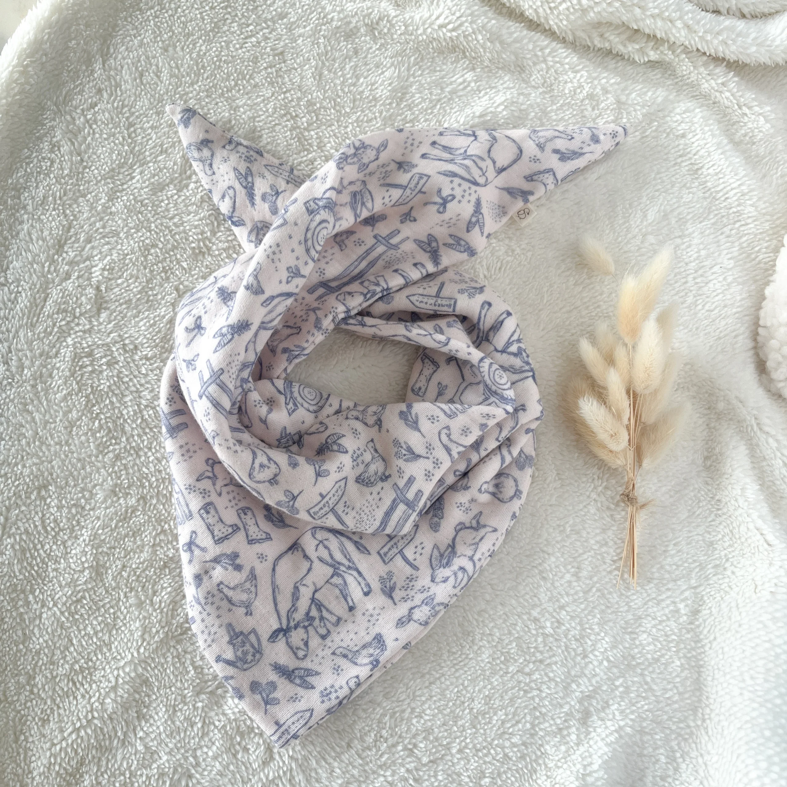 Foulard enfant en quadruple gaze de coton – Motif Animaux de la Ferme