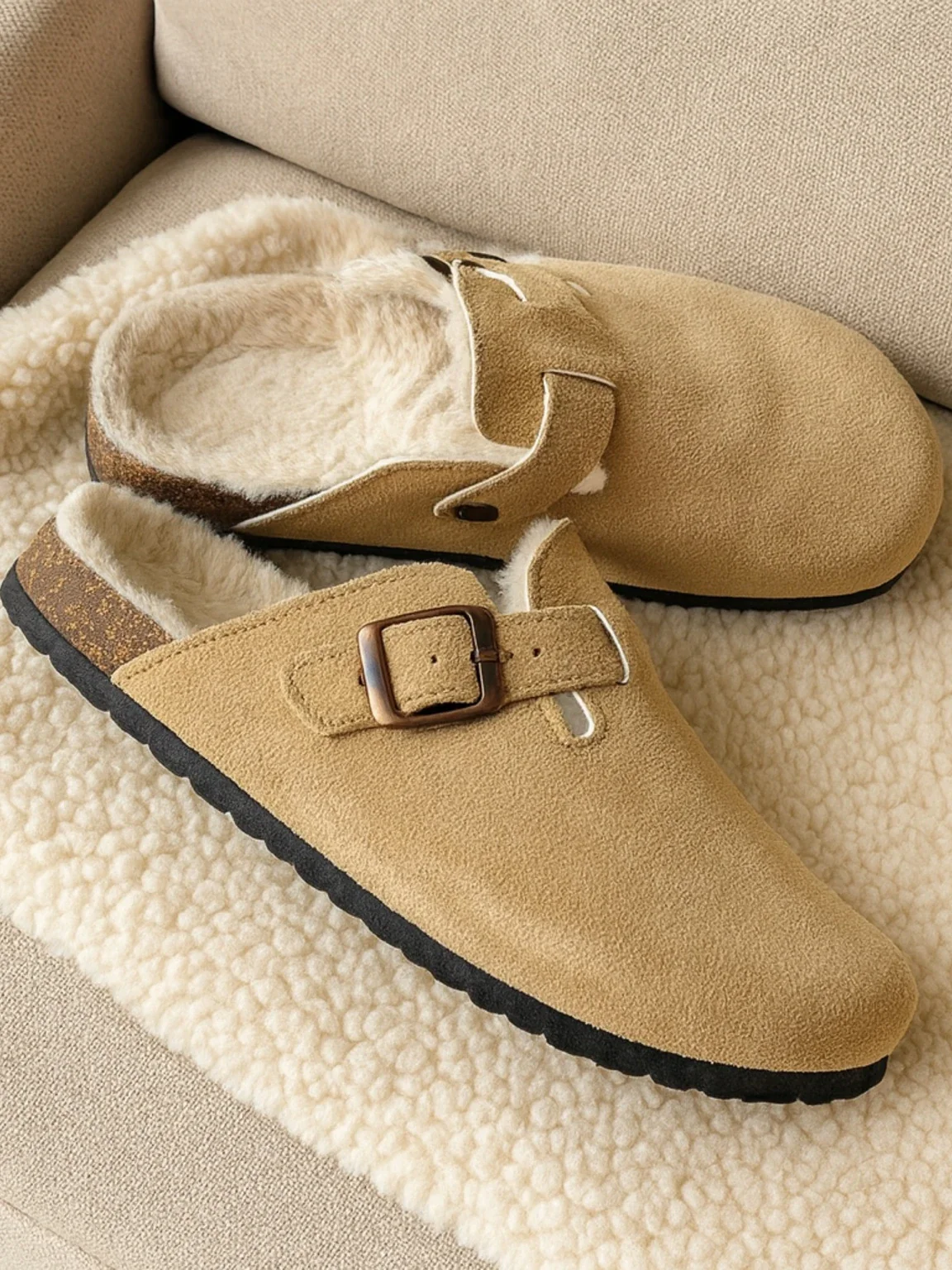 Chaussons mules fourrées en suède beige – confort & semelle antidérapante