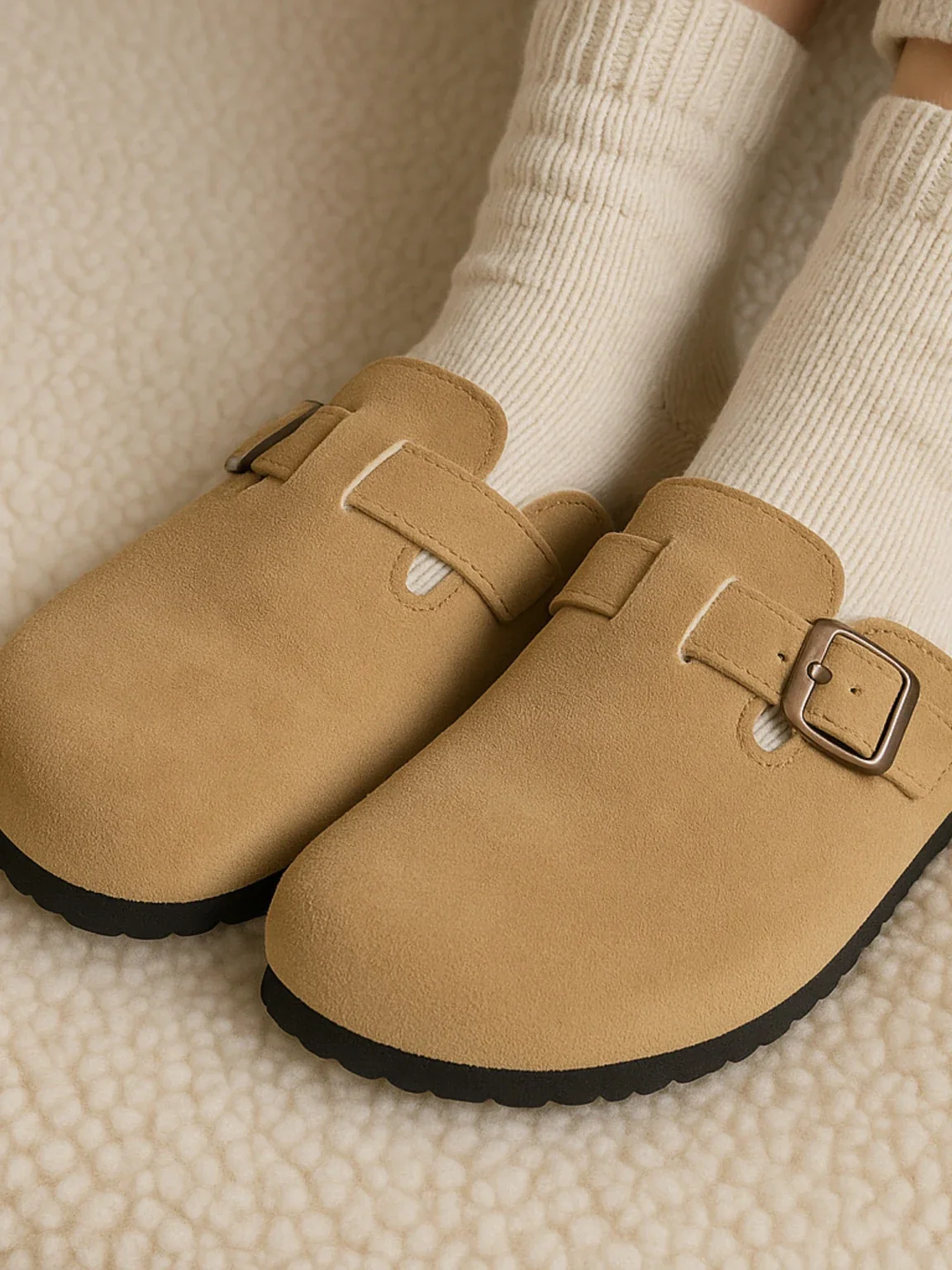 Chaussons mules fourrées en suède beige – confort & semelle antidérapante – Image 2
