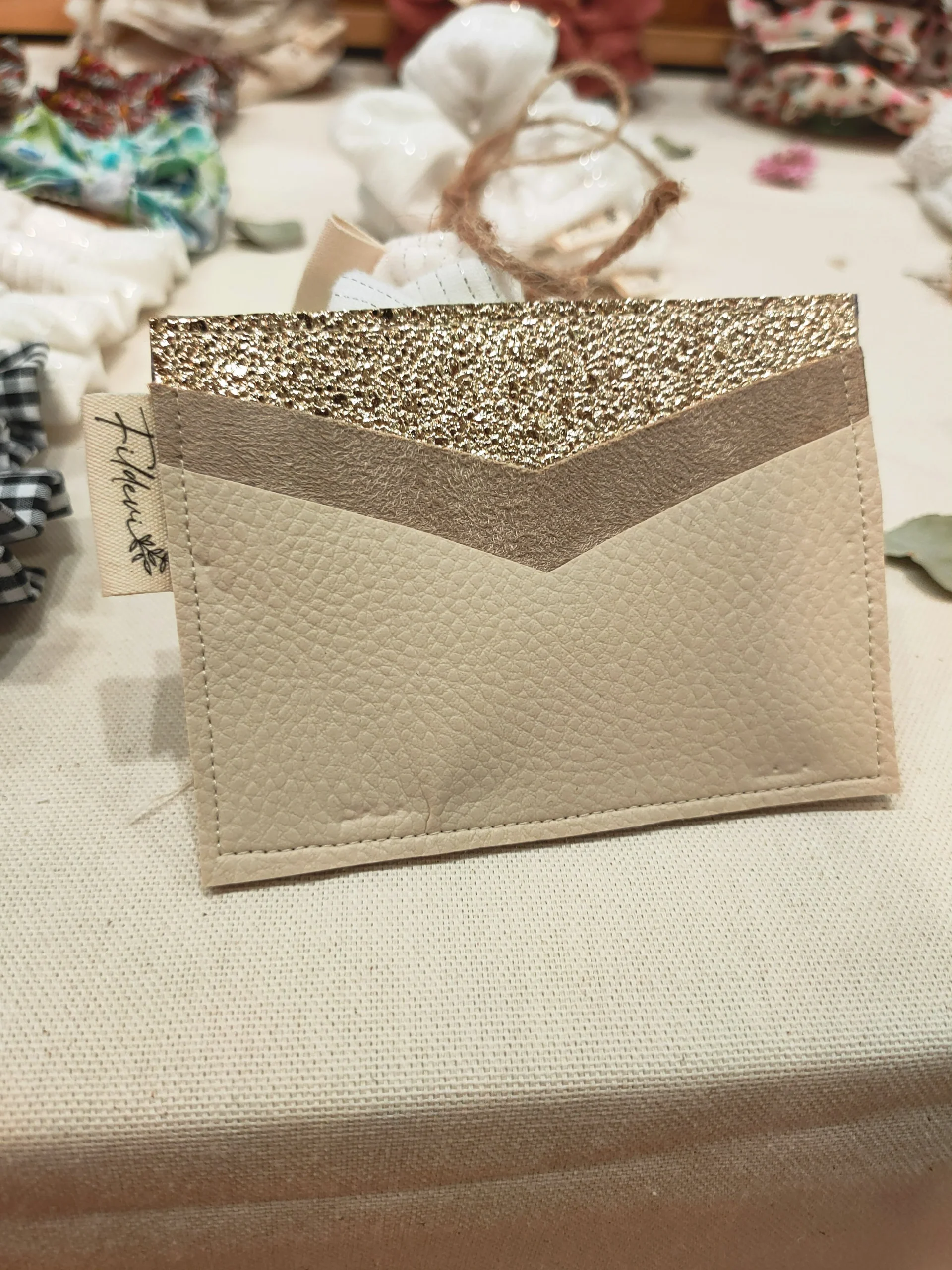 Porte Carte Paillette Et Simili Cuir Crème – Image 2