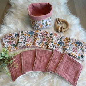 Ensemble de 10 lingettes éponge bio et sa panière Thème animaux