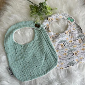 Bavoirs pression motif Oasis et gaze de coton menthe