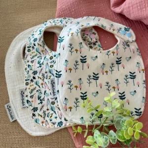 Lot de 3 bavoirs Thème feuilles bleu et blanc